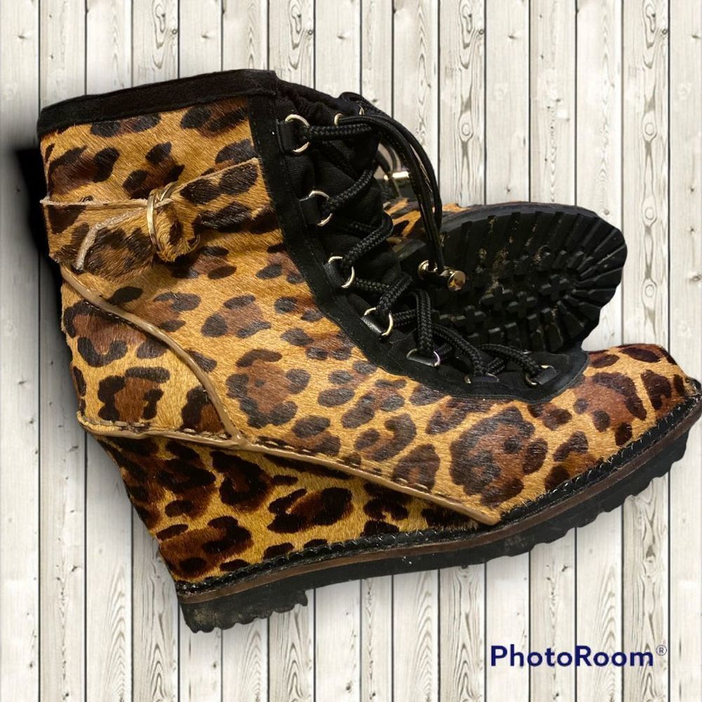Diane Von Furstenberg “Senna” Leopard Print Calf Hair Wedge Booties